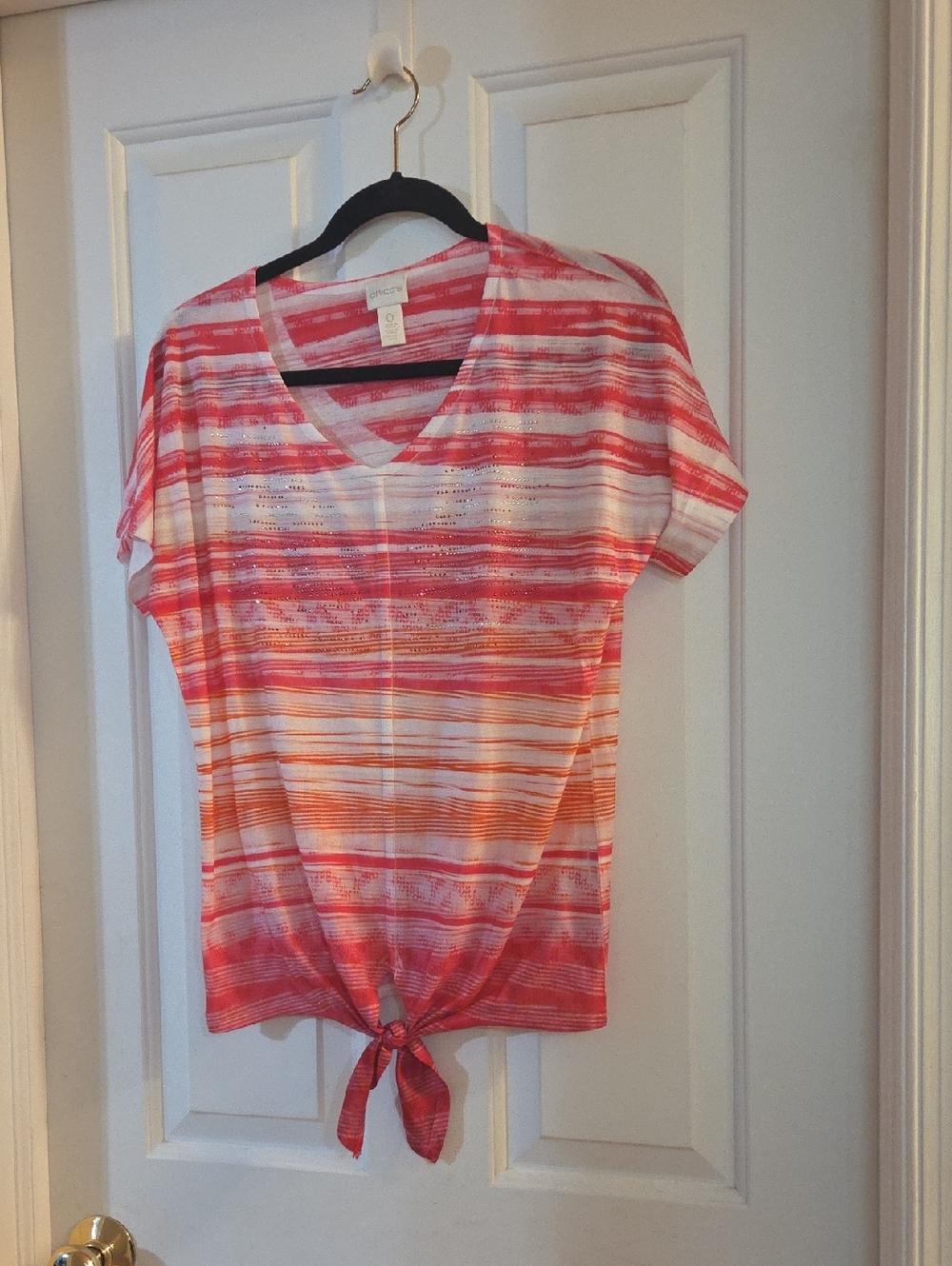 Chico's Coral, White & Orange Striped V-Neck Tie-Front Top Embellishment Small